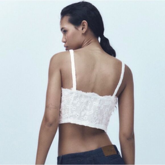 NWOT Zara White Tulle Eyelet Lace Tie Front Crop Top, Size Small - Picture 3 of 15